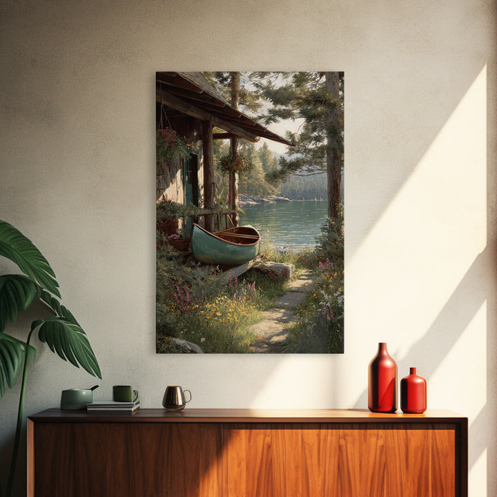 Peaceful Lakeside Cabin With Canoe Surrounded By Wildflowers Wall Art Framed Canvas Print For Rustic Home Decor