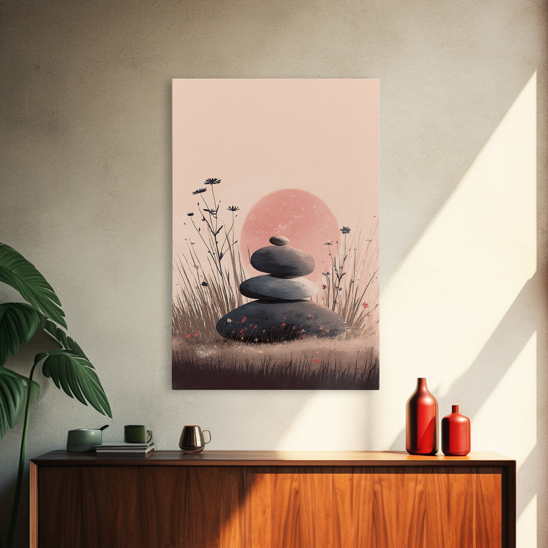 Stacked Zen Stones In Blush Grass Framed Canvas Print, Meditation Wall Art, Spa Wall Decor, Calming Minimalist Art, Peaceful Home Decor