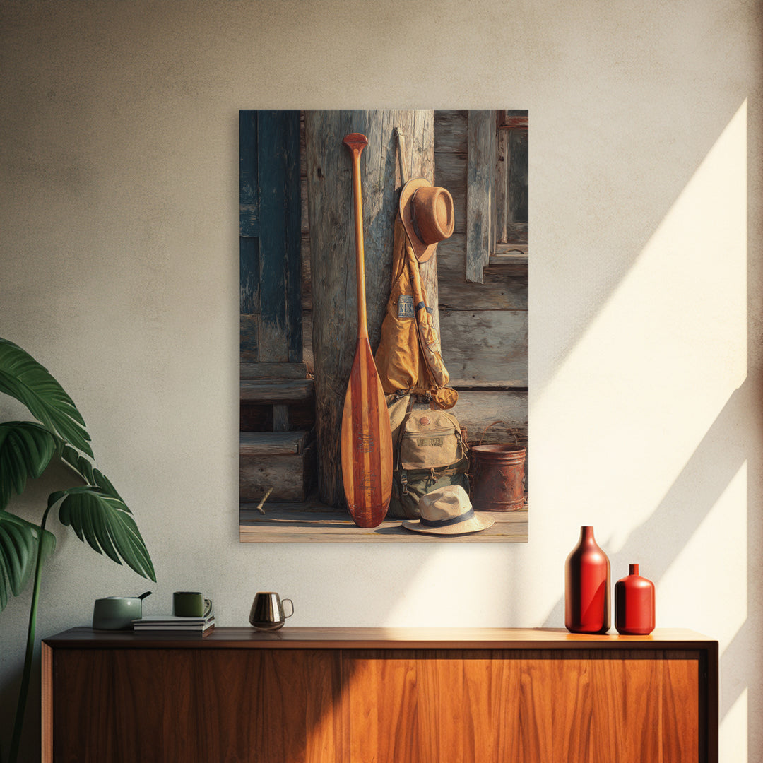 Rustic Outdoorsy Still Life With Wood Paddle, Hiking Gear, And Hats Vintage Style Canvas Print For Cabin