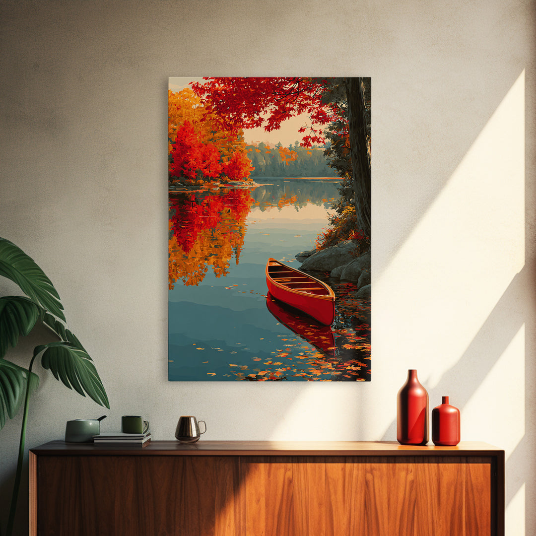 Red Autumn Maple Trees By Calm Lake With Canoe Scenic Painting Wall Art Framed Canvas Print For Home
