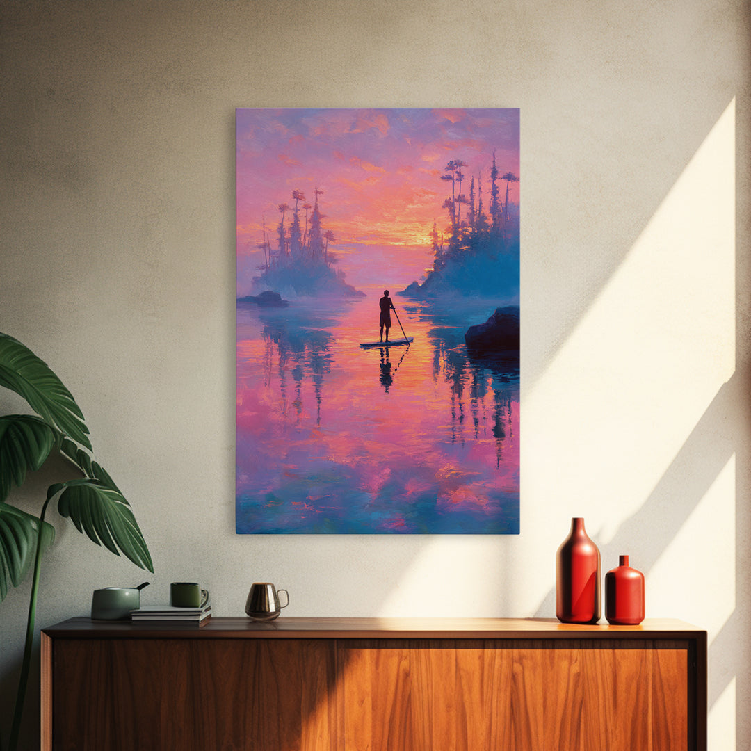 Sunset Paddleboarder On Calm Water Pink And Purple Sky Landscape Wall Art Canvas Print For Tranquil Bedroom And Living Room