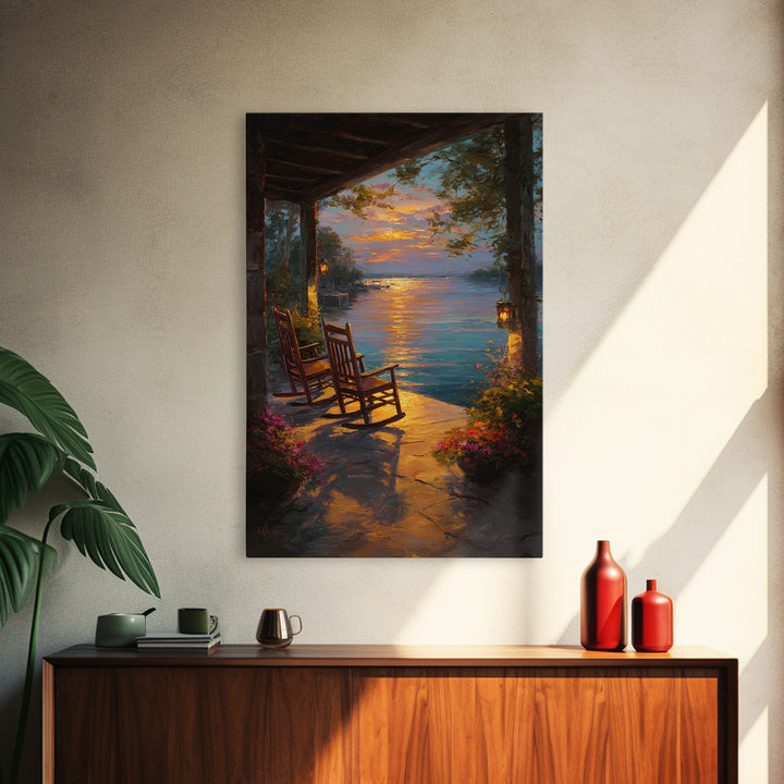 Peaceful Lakeside Porch Sunset With Rocking Chairs Oil Painting Wall Art Framed Canvas Print For Cozy Home Decor