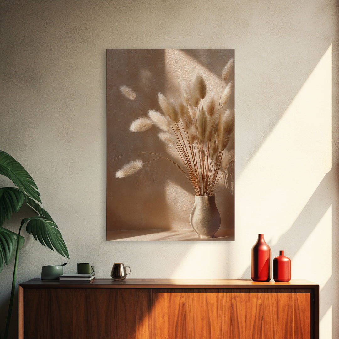 Minimal Pampas Grass In Ceramic Vase Wall Art, Neutral Wall Art, Wabi Sabi Decor, Beige Bedroom Canvas Print Gift For Her