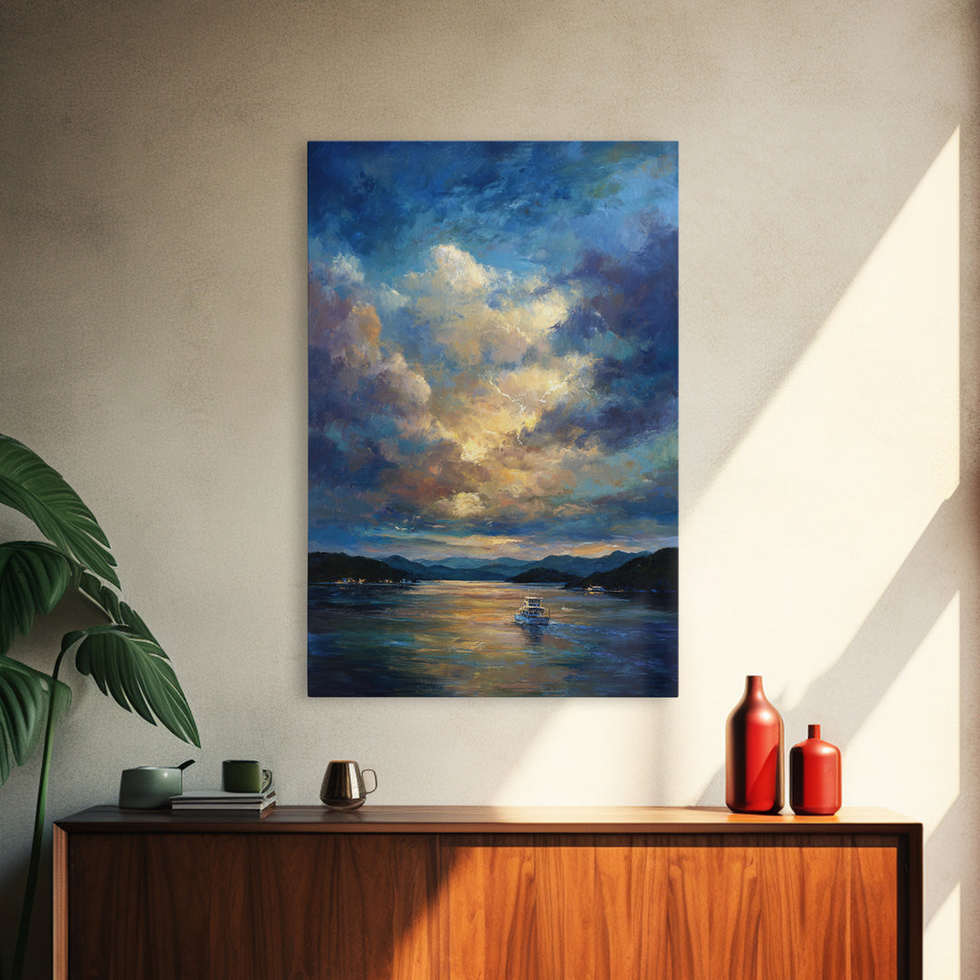 Sunlit Fishing Boat On Tranquil Lake Surrounded By Mountains Sunset Landscape Painting Wall Art Canvas Print