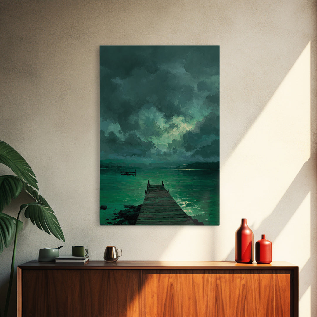 Moody Dock On Lake Under Stormy Sky Green Tones Abstract Wall Art Canvas Print Home Decor