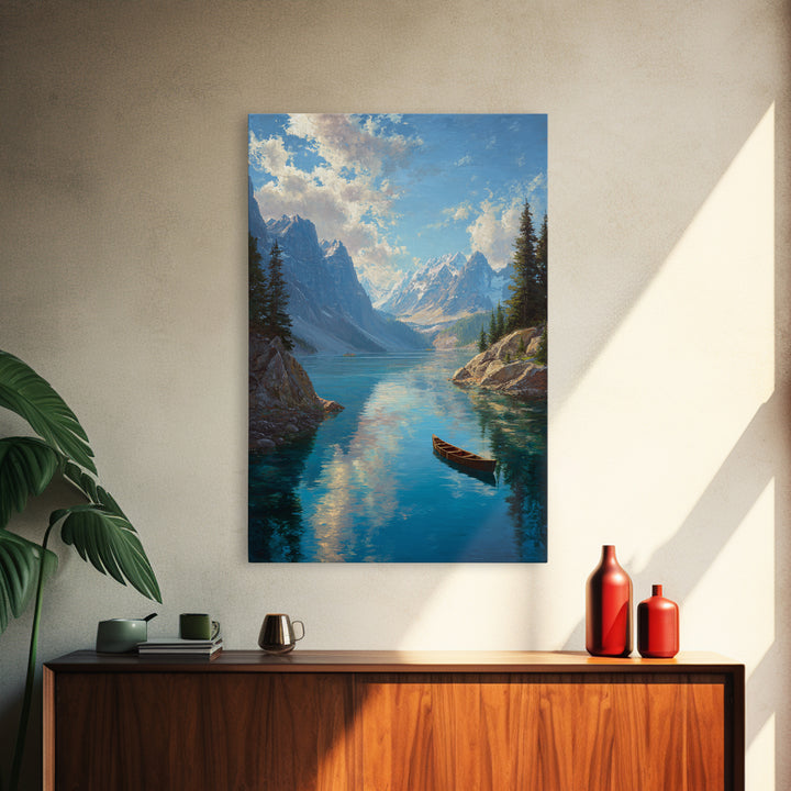 Majestic Mountain Lake Landscape Painting With Canoe In Foreground Vibrant And Serene Nature Scene Wall Art Print For Rustic Living Room Decor Canvas Print