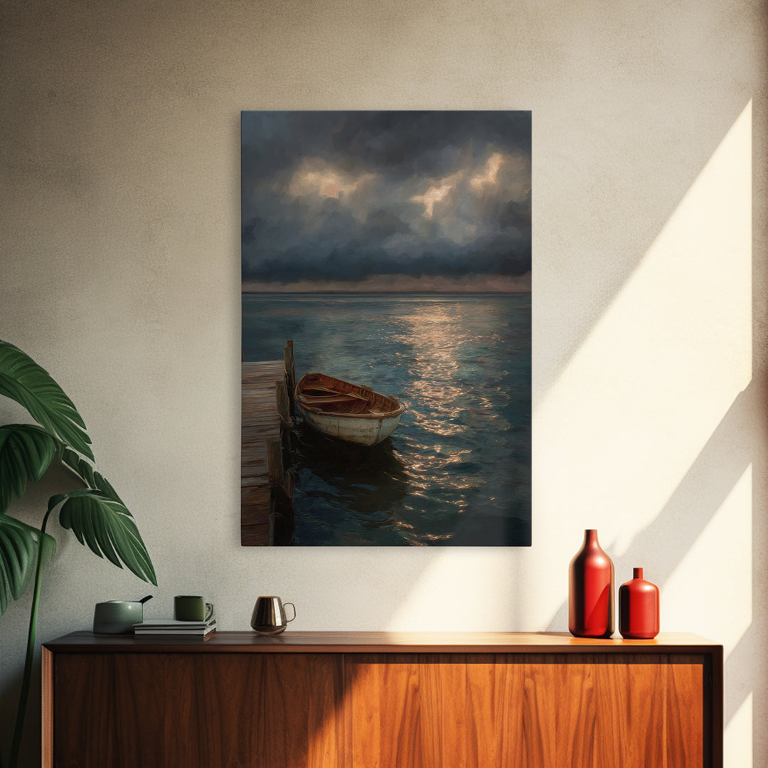 Serene Boat At Dock Under Dramatic Cloudy Sky Sunset Seascape Canvas Print For Coastal Living Room Decor Wall Art