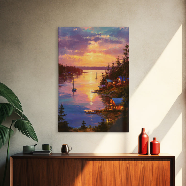 Sunset Lake House Fine Art Oil Painting Wall Art Framed Canvas Print Cozy Landscape Home Decor For Living Room