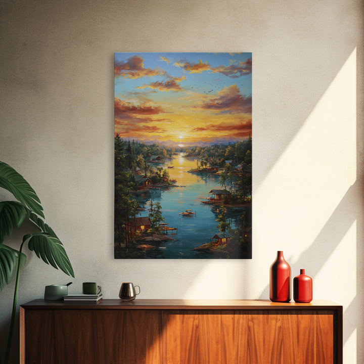 Peaceful Lakeside Village At Sunset Landscape Painting Framed Canvas Print Tranquil Wall Art For Rustic And Cozy Home Decor