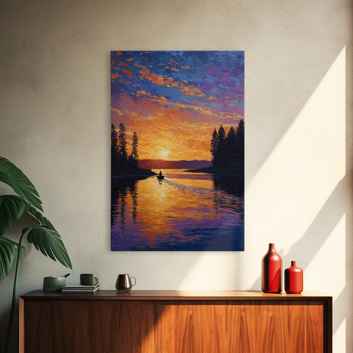 Vibrant Sunset Over Peaceful Lake With Lone Boatman Silhouette Wall Art Framed Canvas Print For Living Room Decor