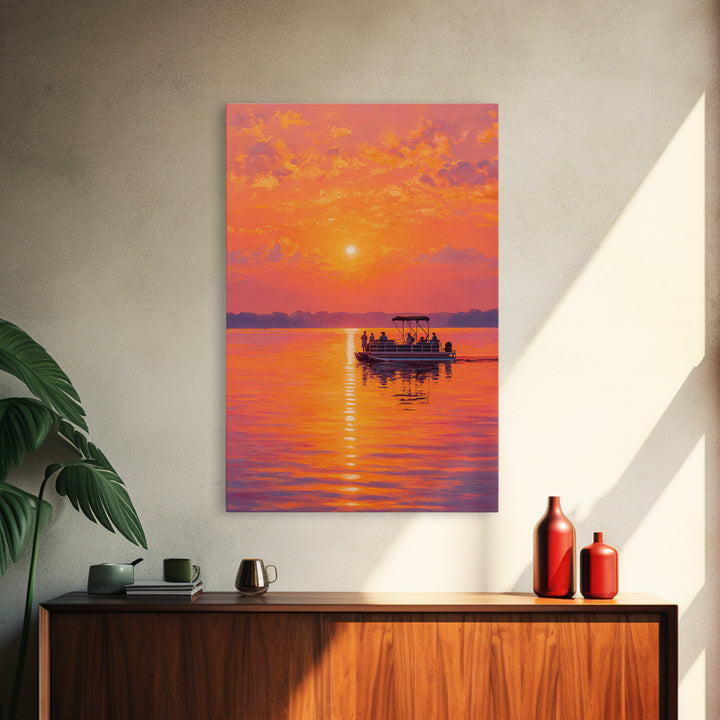Sunset Boat On Calm Water Painting With Vibrant Orange Hues Capturing Peaceful Twilight Scene Large Wall Art Canvas Print For Living Room Decor And Gift