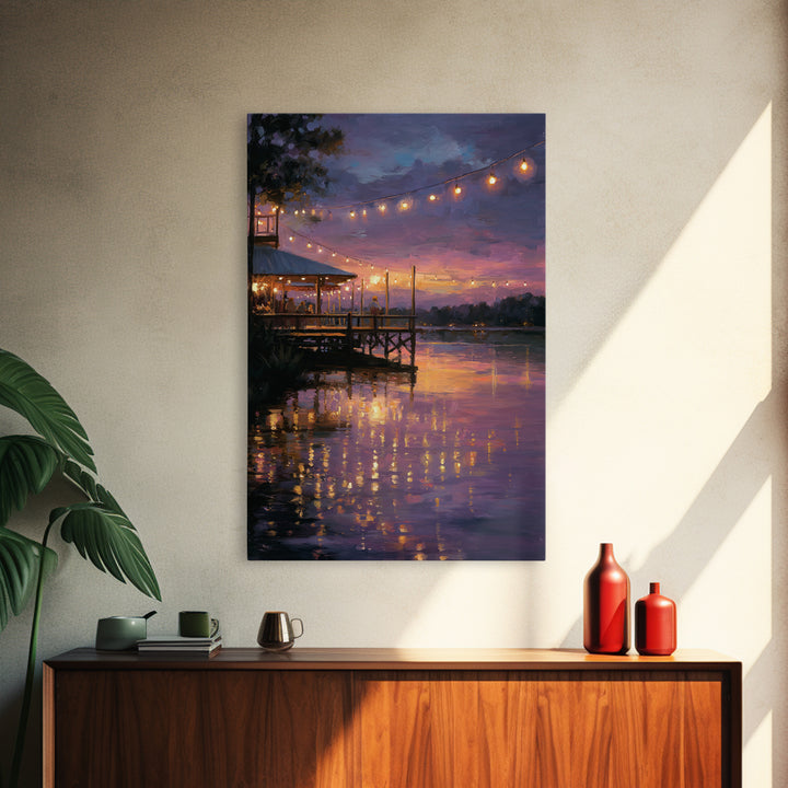 Sunset Pier Scene With Soft Glow And String Lights Romantic Evening Canvas Print Wall Art For Dining Room Living Room And Home Decor