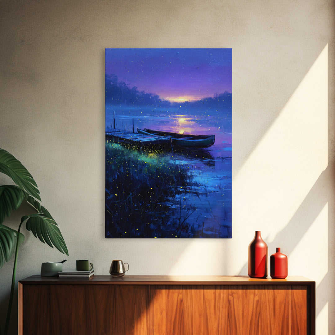 Serene Twilight Lake With Boats Painting Canvas Print Wall Art For Relaxing Home Decor Or Office Space Accent