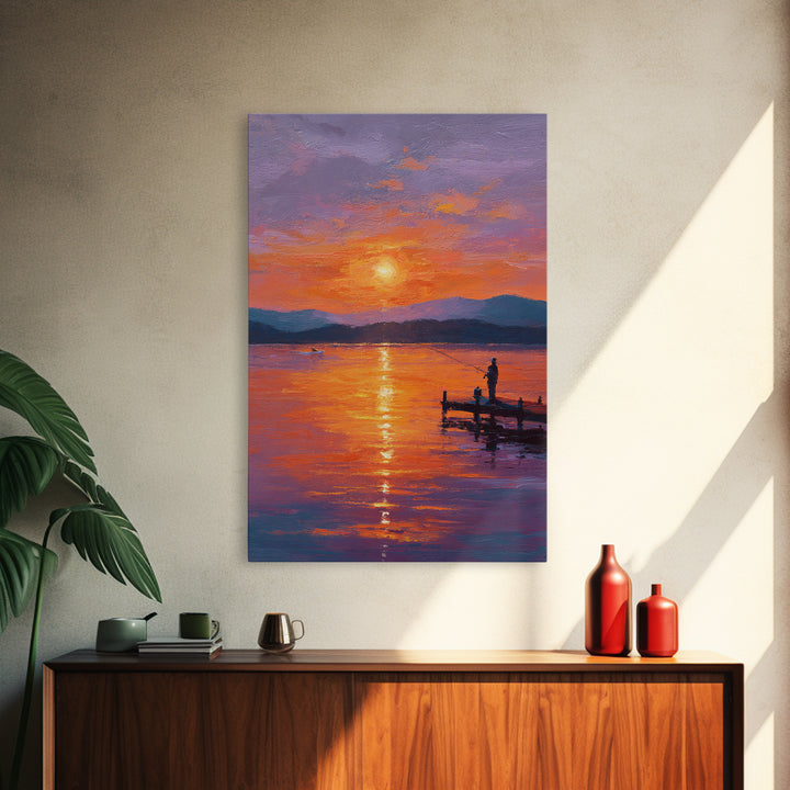 Peaceful Sunset Fishing Oil Painting Wall Art Framed Canvas Print For Living Room Decor And Rustic Home