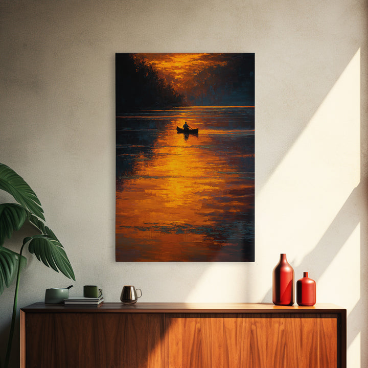 Serene Sunset Landscape With Boat On Calm Lake Oil Painting Canvas Print For Cozy Living Room Decor And Nature Wall Art