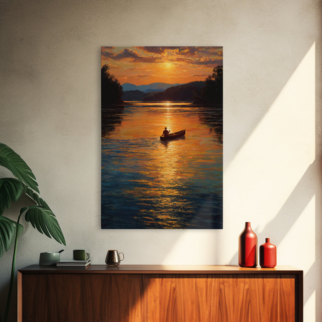 Tranquil Sunset Canoe Scene Oil Painting Wall Art Framed Canvas Print For Living Room Home Decor