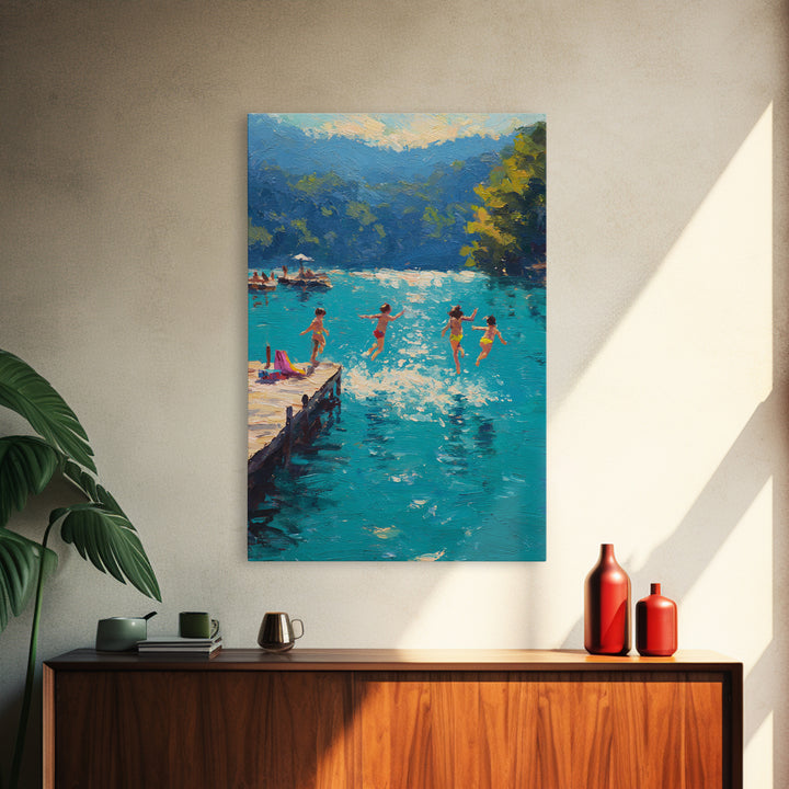 Children Jumping Into A Lake Summer Scene Painting Fine Art Canvas Print Relaxing Wall Art Decor