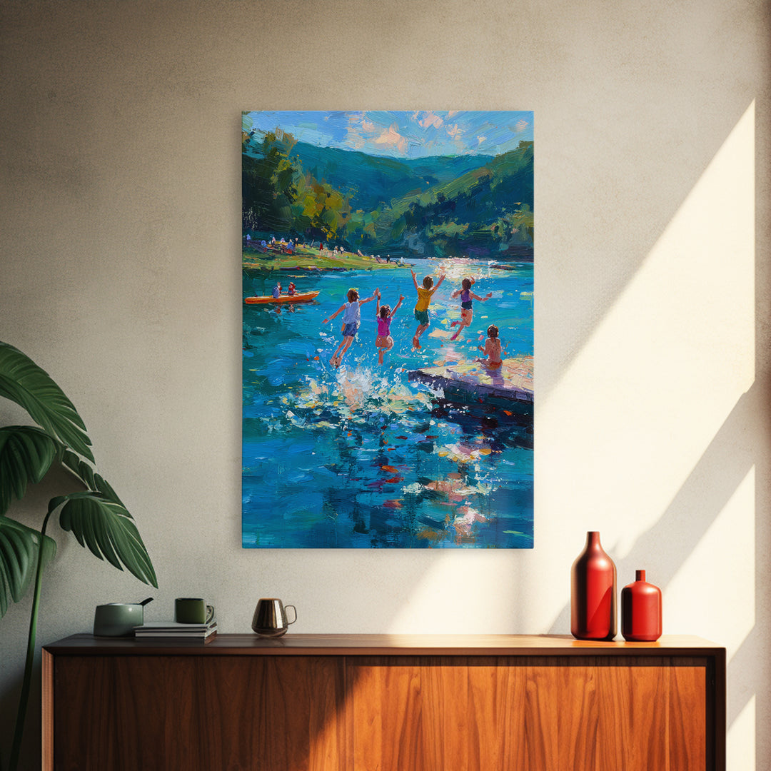 Children Playing At Summer Lake Scene Joyful Landscape Painting Large Wall Art Canvas Print