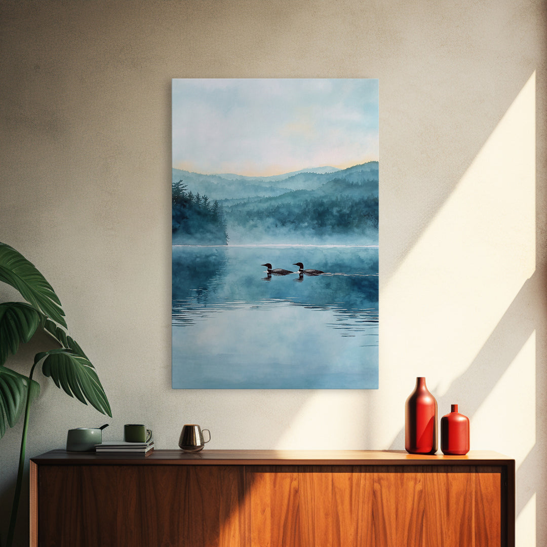 Serene Lake With Two Loons At Dawn Landscape Wall Art Misty Forest Canvas Print For Nature Lovers Home Decor