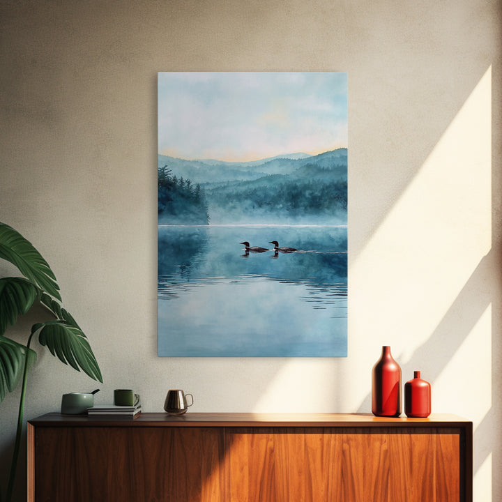 Serene Lake With Two Loons At Dawn Landscape Wall Art Misty Forest Canvas Print For Nature Lovers Home Decor