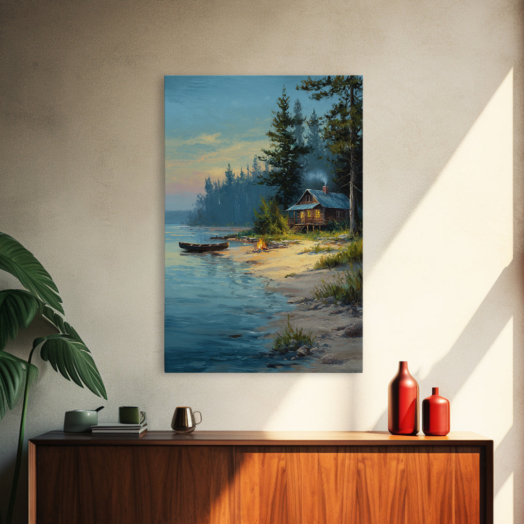 Peaceful Lakeside Cabin Painting At Dusk With Campfire And Canoe Scenic Landscape Art Print For Rustic Home Decor Bedroom Wall Art Framed Canvas Print