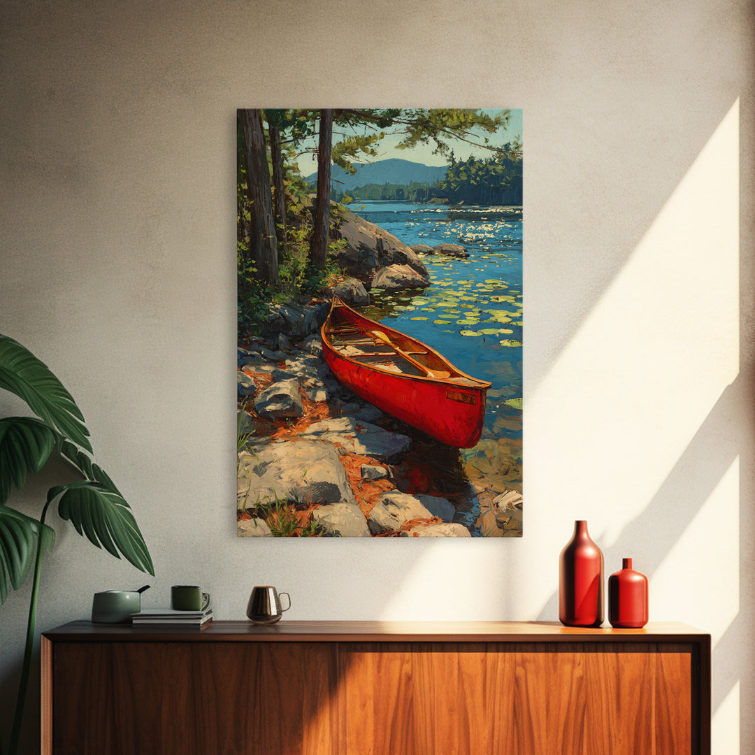 Vibrant Red Canoe On Lush Lakeside Nature Landscape Oil Painting Canvas Print For Cabin Decor And Rustic Wall Art