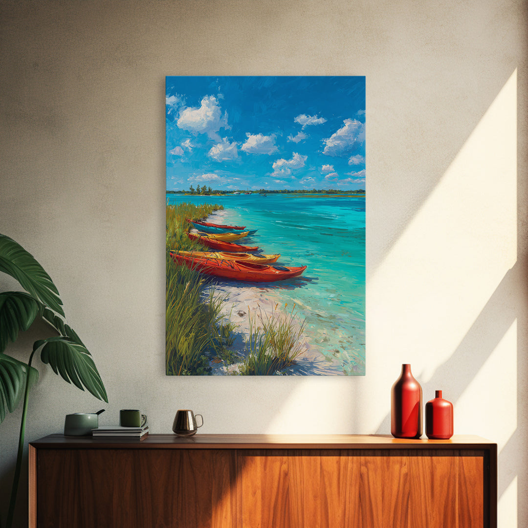 Bright Kayaks By Turquoise Water Under Blue Sky Canvas Print Large Coastal Wall Art For Living Room Decor