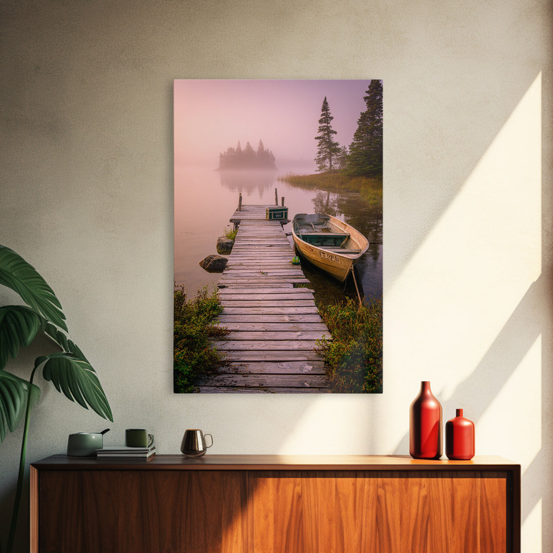 Peaceful Foggy Lake Morning With Wooden Dock Wall Art Canvas Print For Rustic Cabin And Home Decor