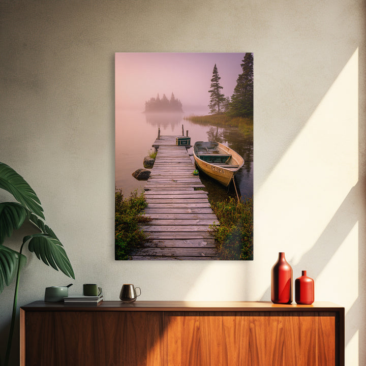 Peaceful Foggy Lake Morning With Wooden Dock Wall Art Canvas Print For Rustic Cabin And Home Decor