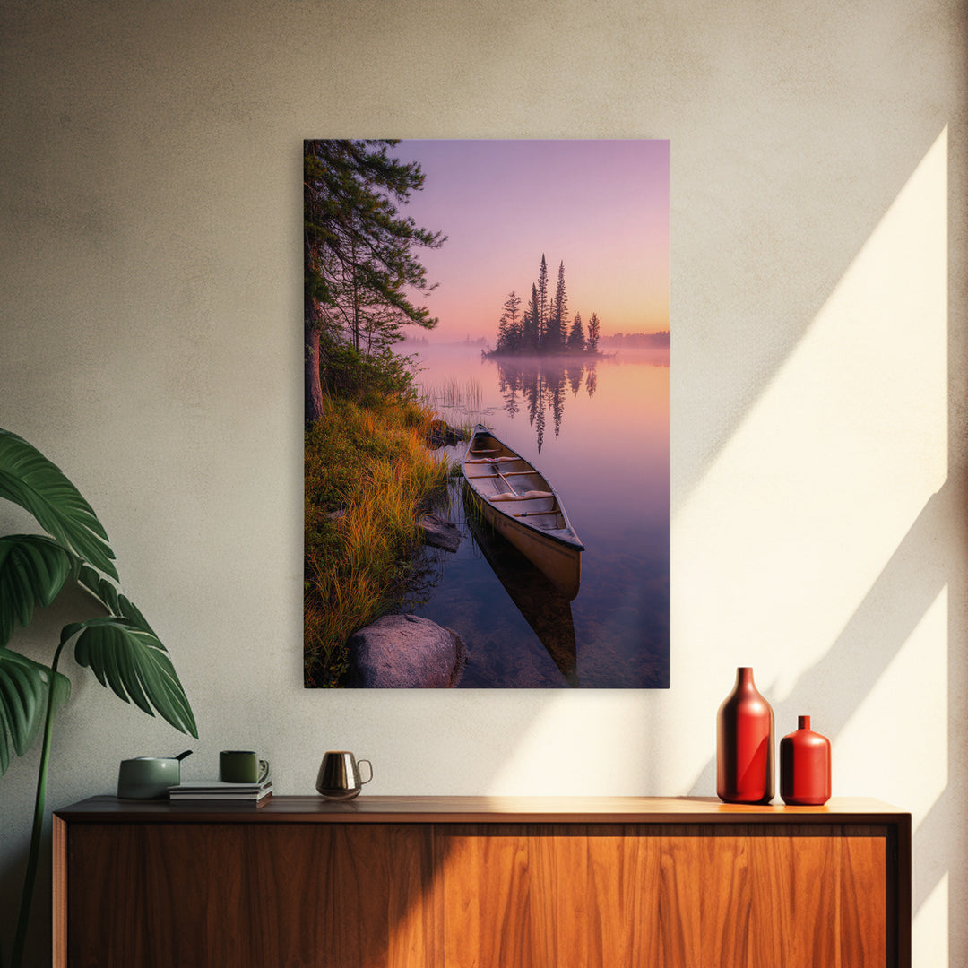 Tranquil Misty Lake With Canoe At Sunrise Scenic Landscape Painting For Calming Bedroom Wall Decor And Peaceful Home Decor Framed Canvas Print Wall Art
