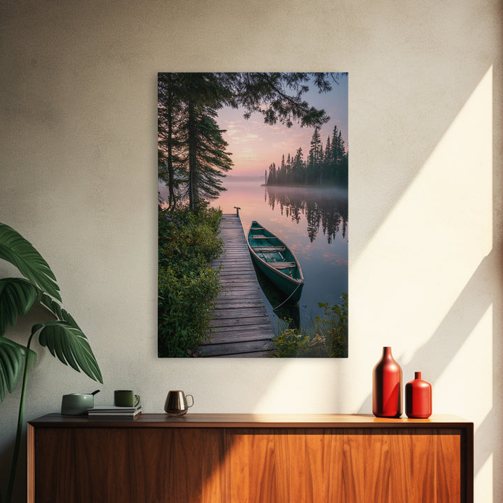 Serene Lake Dock With Canoe Landscape Wall Art Nature Photography Calm Framed Canvas Print