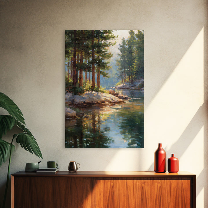Serene Pine Forest Landscape With River Reflection In Oil Painting Medium Perfect Wall Art Canvas Print