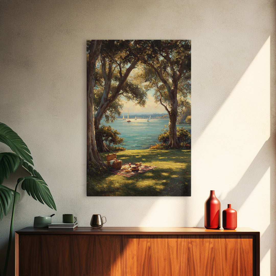 Peaceful Lakeside Picnic Painted Landscape Oil Painting Art Print Framed Canvas Print For Rustic Home Decor And Cabin Wall Art