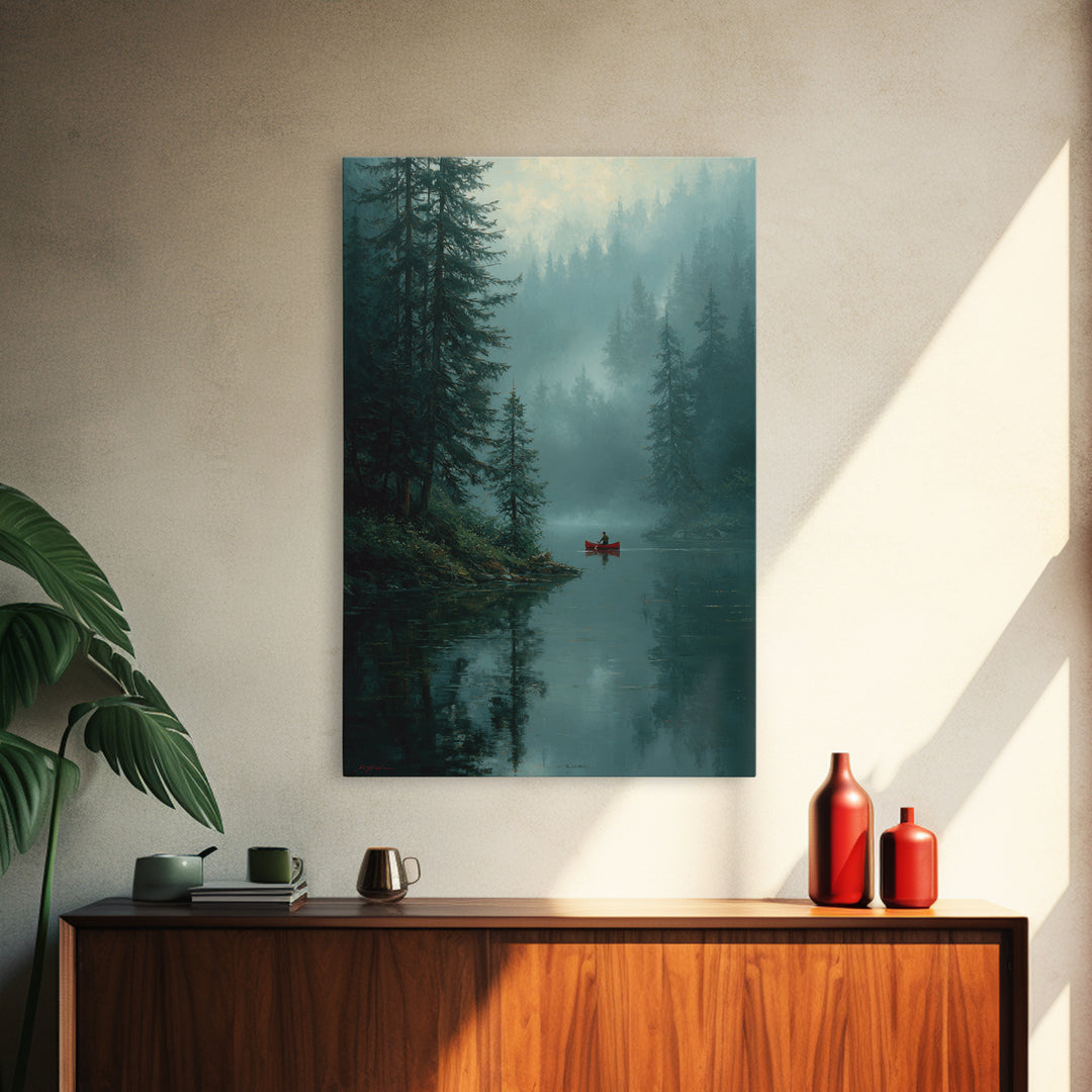 Serene Sunset Over Misty Lake Cabin With Orange Sky Wall Art Framed Canvas Print For Cozy Rustic Home And Bedroom Decor
