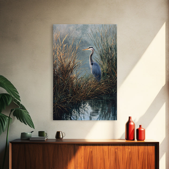 Realistic Blue Heron In Marshland Nature Scene Wall Art Fine Art Print Coastal Wall Decor Framed Canvas Print