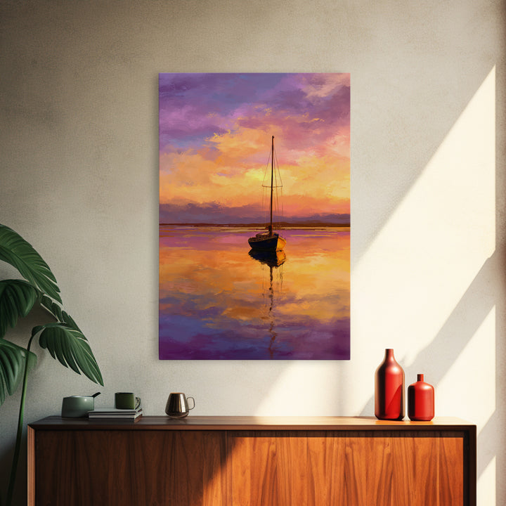 Colorful Sailboat At Sunset Over Calm Water Ocean Scene Painting | Tranquil Wall Art Modern Home Decor Framed Canvas Print