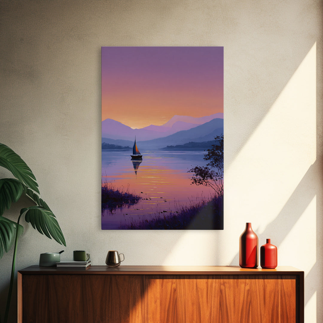 Tranquil Sailboat On Lake At Sunset With Purple Mountains Oil Painting Canvas Print Wall Art For Bedroom Decor And Nautical Lovers