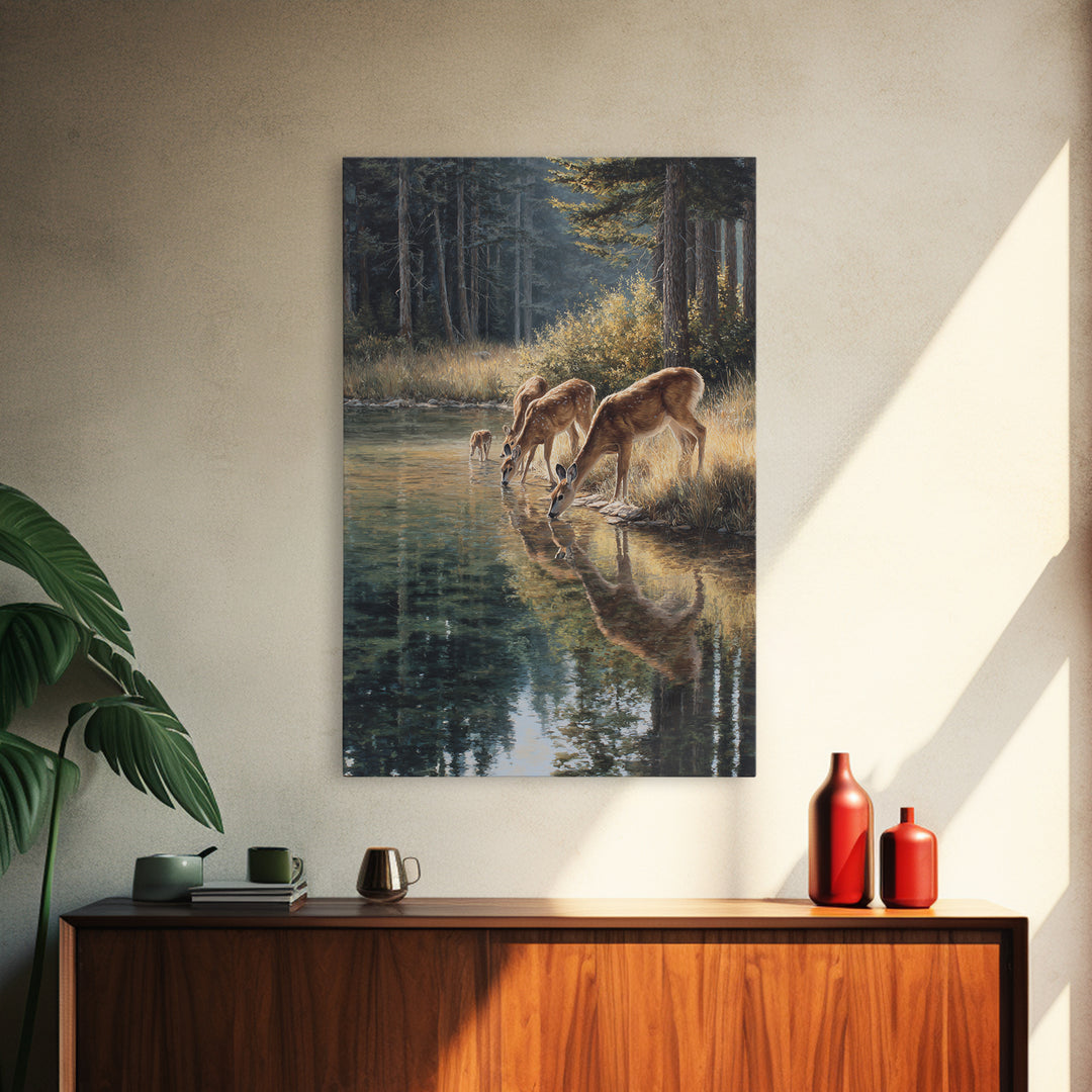 Peaceful Deer Family Drinking At Riverbank Nature Scene Oil Painting Canvas Print Wall Art For Rustic And Wildlife Decor