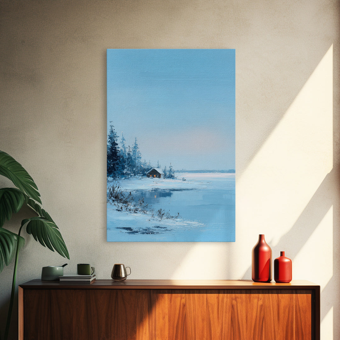 Winter Landscape With Snowy Trees And Cabin Cozy Calm Scene Canvas Print Wall Art For Bedroom Living Room And Rustic Home Decor
