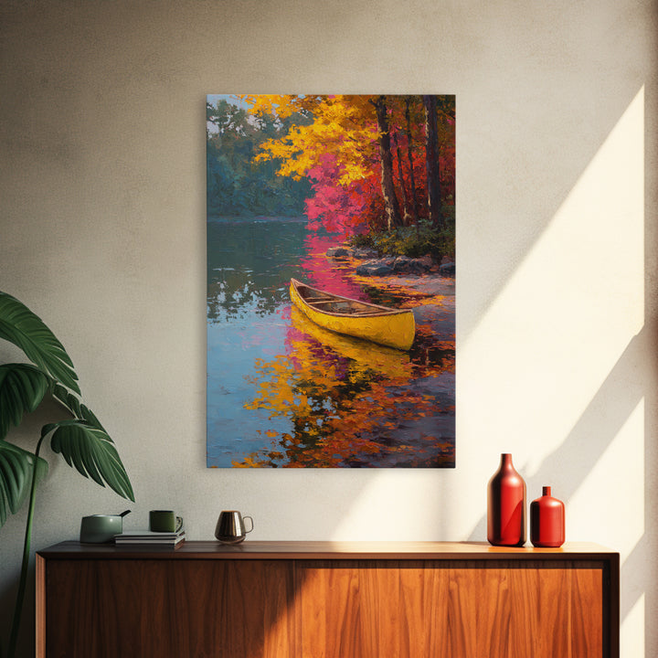 Serene Yellow Canoe On Reflective Autumn Lake Landscape Painting Framed Canvas Print for Peaceful Wall Art And Living Room Decor