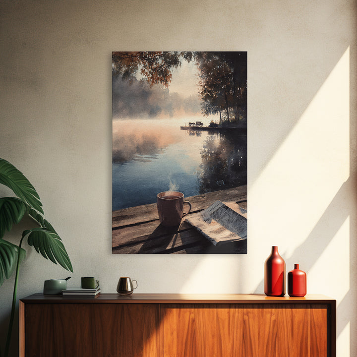 Cozy Lakeside Morning With Steam Rising Over Coffee Mug Watercolor Painting Wall Art Print For Bedroom Or Reading Nook