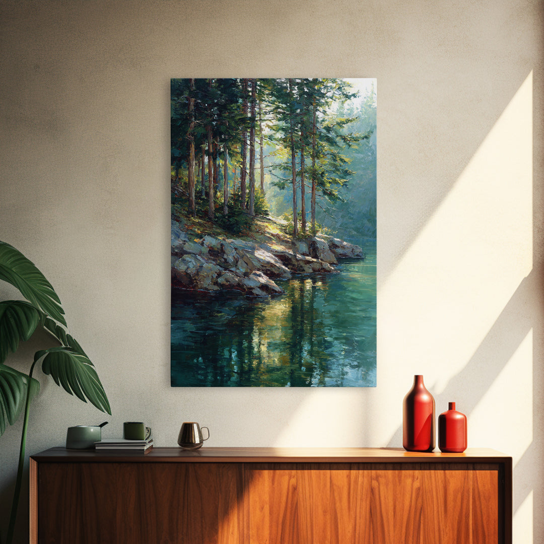 Sunlit Pine Forest Lake Painting Wall Art, Nature Landscape Art Print, Cabin Decor, Rustic Living Room Wall Decor Gift For Her