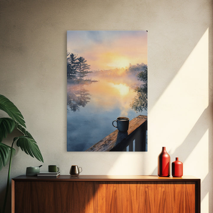 Calm Sunlit Lake At Dawn Watercolor Painting Canvas Print, Peaceful Landscape Wall Art, Soothing Home Decor Art