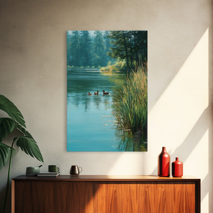 Tranquil Ducks On A Calm Lake Nature Scene Oil Painting Canvas Print For Rustic Living Room Wall Art And Cabin Home Decor
