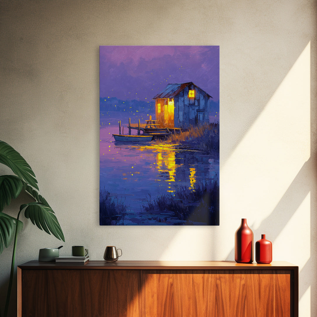 Rustic Night Lakeside Cabin With Boat Oil Painting Wall Art For Cozy Living Room Decor And Tranquil Bedroom Framed Canvas Print