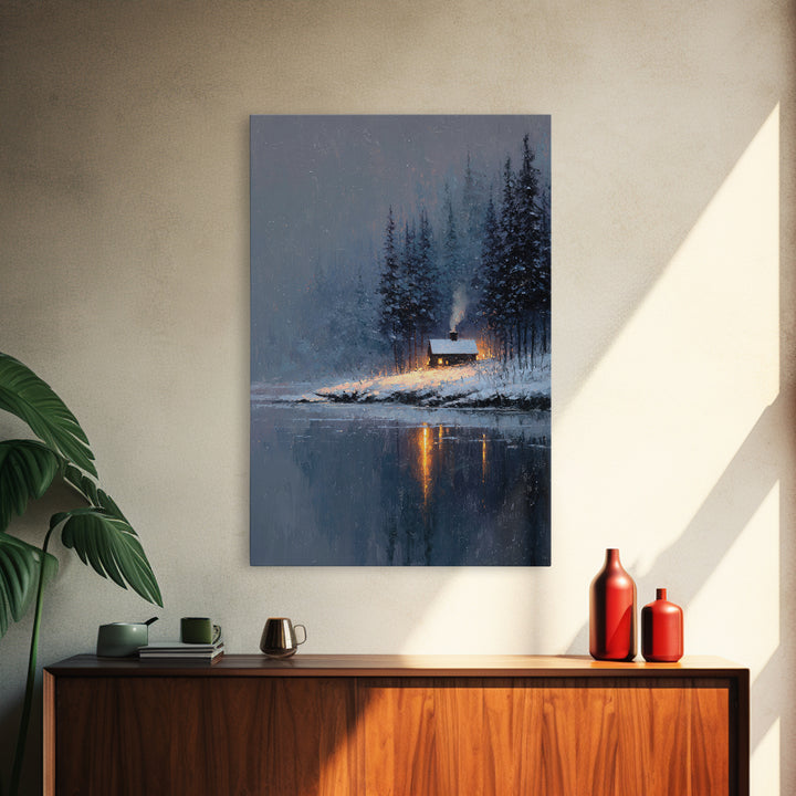Cozy Winter Cabin Snowy Landscape Lake Reflection Oil Painting Canvas Print Framed Wall Art For Rustic Decor