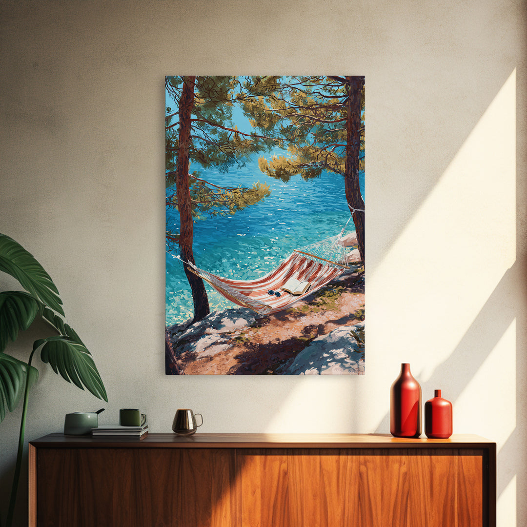 Tranquil Coastal Scene With Hammock Overlooking Sparkling Blue Ocean Landscape Painting Canvas Print Framed Canvas Print Wall Art Decor