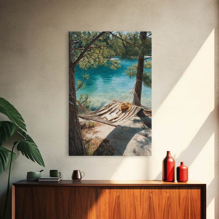 Tranquil Lakeside Hammock Scene Canvas Print, Relaxing Summer Vacation Wall Art, Cozy Home Decor Living Room Art