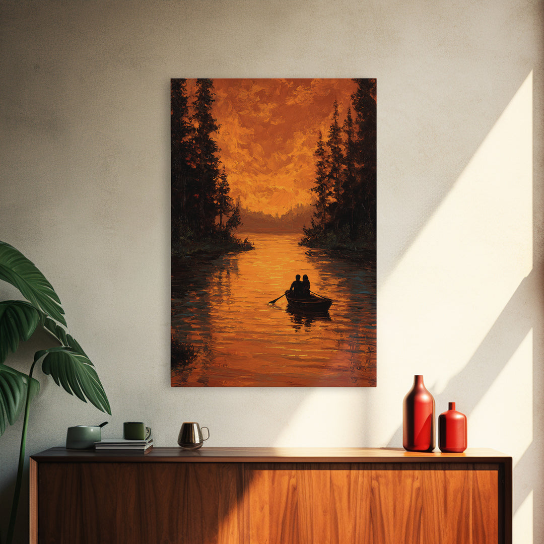Romantic Autumn Evening Couple Rowing Boat Sunset Landscape Painting Large Wall Art Framed Canvas Print
