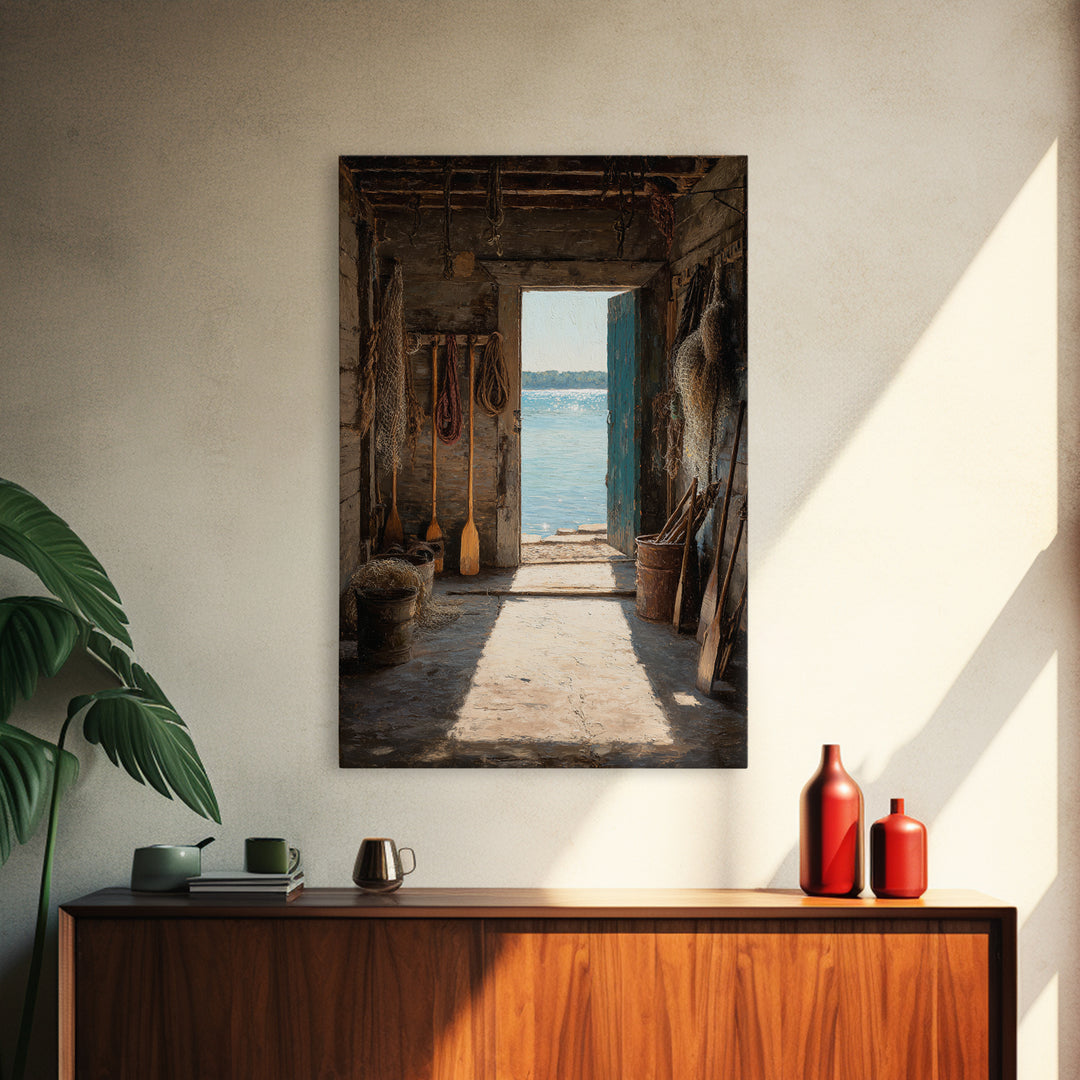 Rustic Seaside Cabin Interior With Ocean View Doorway Wall Art Print For Coastal Home Decor Or Nautical Living Room Canvas Print